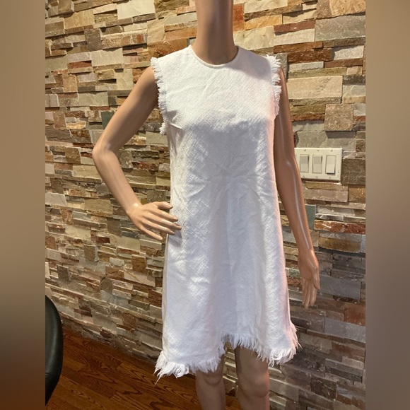 T By Alexander Wang Sleeveless Frayed White Women’s Shift Dress - Picture 2 of 9